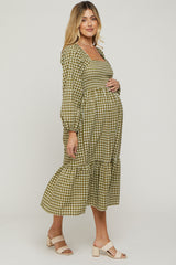 Olive Gingham Long Sleeve Maternity Midi Dress