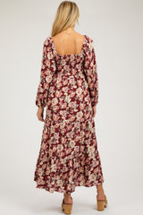 Burgundy Floral Long Sleeve Maternity Maxi Dress