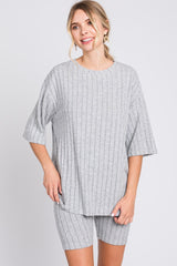 Heather Grey Ribbed Soft Short Sleeve Maternity Shorts Set
