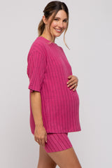 Fuchsia Ribbed Soft Short Sleeve Maternity Shorts Set