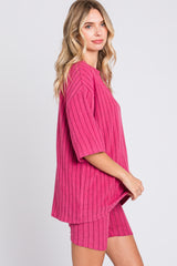 Fuchsia Ribbed Soft Short Sleeve Shorts Set