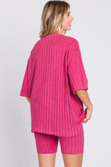 Fuchsia Ribbed Soft Short Sleeve Shorts Set