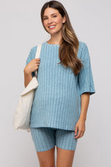 Light Blue Ribbed Soft Short Sleeve Maternity Shorts Set