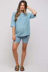 Light Blue Ribbed Soft Short Sleeve Maternity Shorts Set