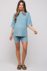 Light Blue Ribbed Soft Short Sleeve Maternity Shorts Set