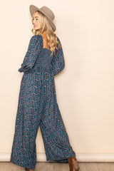 Dark Teal Floral Smocked Wide Leg Jumpsuit