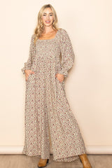 Beige Floral Smocked Wide Leg Jumpsuit