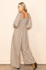 Beige Floral Smocked Wide Leg Jumpsuit