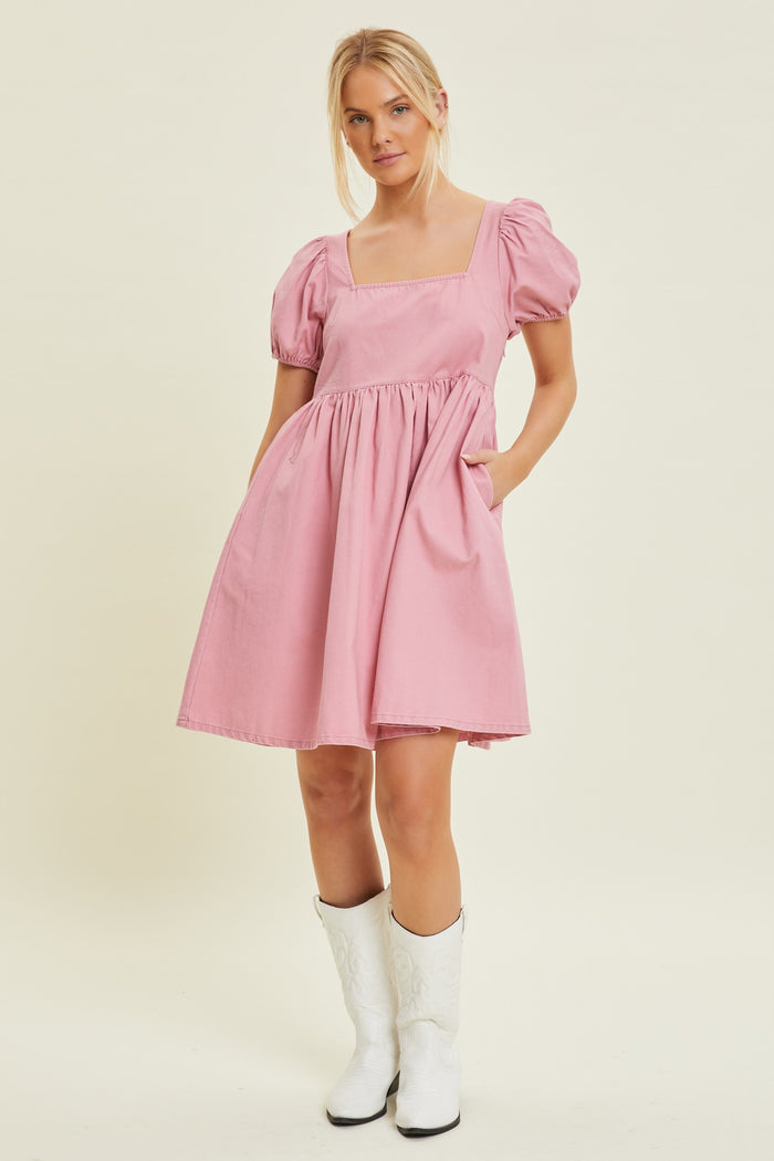 Mauve Puff Sleeve Back Tie Dress