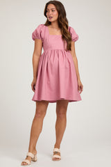 Mauve Puff Sleeve Back Tie Maternity Dress