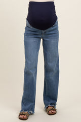 Blue Wide Leg Distressed Hem Maternity Jeans