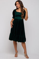 Forest Green Velvet Smocked Puff Sleeve Maternity Dress