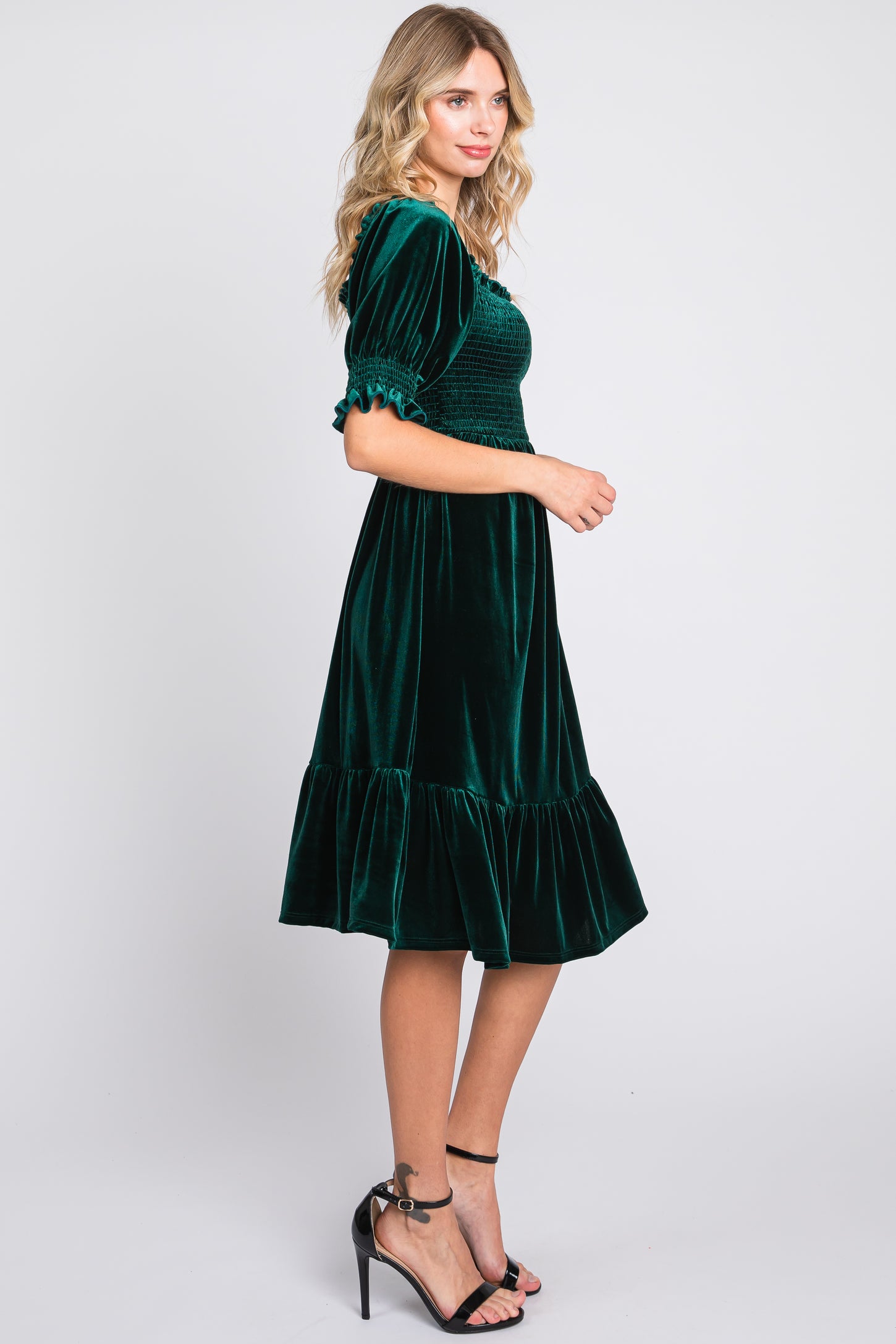 Forest Green Velvet Smocked Puff Sleeve Dress