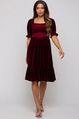 Burgundy Velvet Smocked Puff Sleeve Maternity Dress