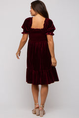 Burgundy Velvet Smocked Puff Sleeve Maternity Dress