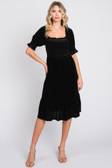 Black Velvet Smocked Puff Sleeve Maternity Dress