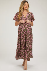 Brown Floral Smocked Waist Maternity Maxi Dress