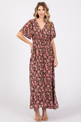 Brown Floral Smocked Waist Maxi Dress