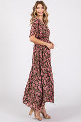 Brown Floral Smocked Waist Maxi Dress