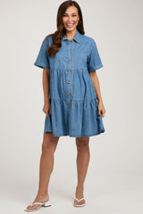 Blue Denim Button Down Tiered Maternity Dress