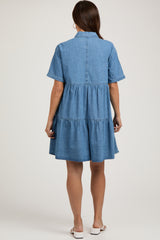 Blue Denim Button Down Tiered Maternity Dress