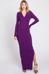 Purple Rib Knit Collared Maxi Dress