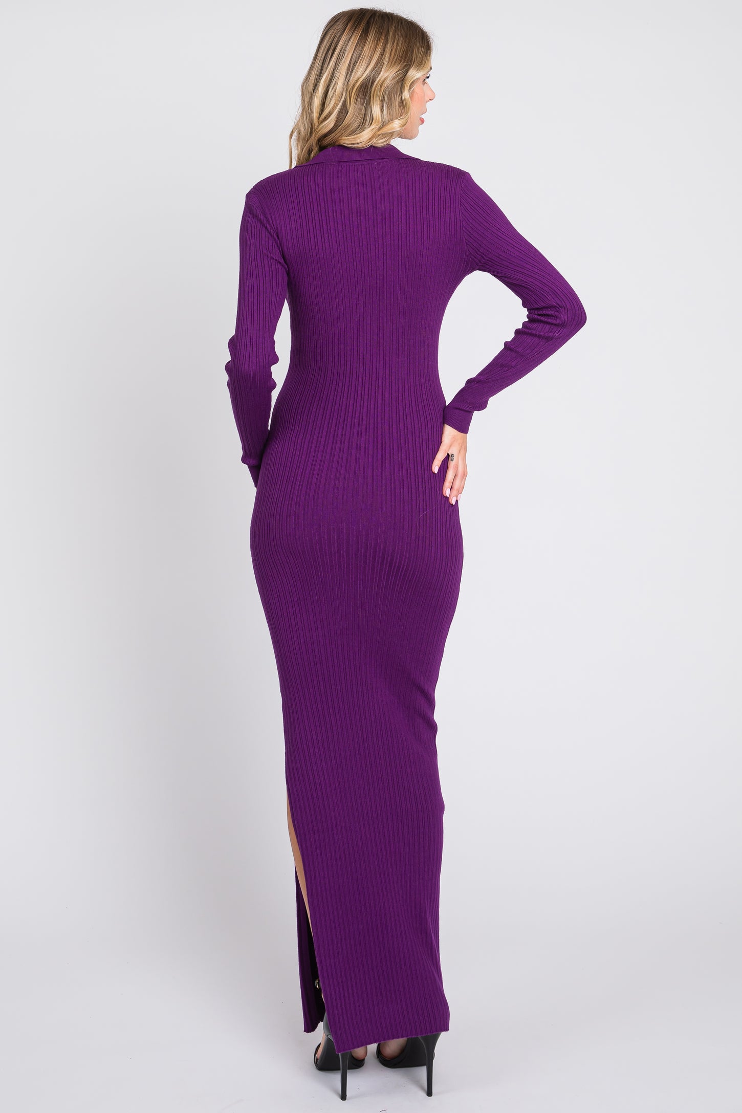 Purple Rib Knit Collared Maxi Dress