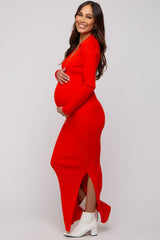 Red Orange Rib Knit Collared Maternity Maxi Dress