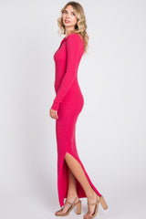 Pink Rib Knit Collared Maxi Dress