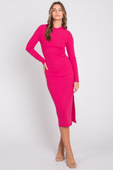 Fuchsia Ribbed Mock Neck Long Sleeve Maternity Midi Dress