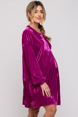 Magenta V-Neck Velvet Maternity Dress