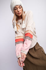 Beige Colorblock Pullover Terrycloth Sweater