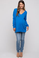 Blue Long Sleeve Side Slit Maternity Sweater