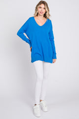 Blue Long Sleeve Side Slit Sweater