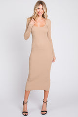 Beige Ribbed Scallop Hem Long Sleeve Maternity Midi Dress