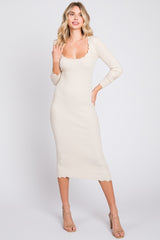 Cream Ribbed Scallop Hem Long Sleeve Maternity Midi Dress