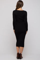 Black Ribbed Scallop Hem Long Sleeve Maternity Midi Dress