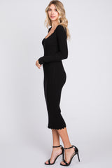 Black Ribbed Scallop Hem Long Sleeve Midi Dress