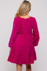 Magenta Velvet Tiered Long Sleeve Maternity Dress