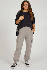 Taupe Fleece Cargo Maternity Sweatpants