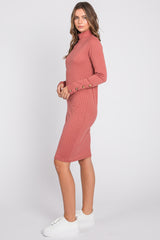 Rust Ribbed Mock Neck Long Sleeve Dress