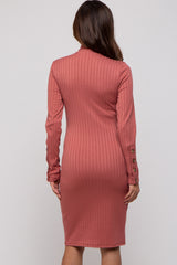 Rust Ribbed Mock Neck Long Sleeve Maternity Dress