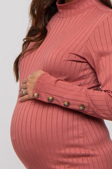 Rust Ribbed Mock Neck Long Sleeve Maternity Dress