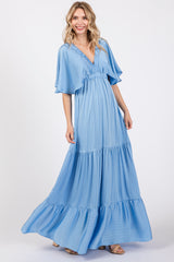 Light Blue V-Neck Flutter Sleeve Tiered Maxi Dress