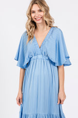 Light Blue V-Neck Flutter Sleeve Tiered Maxi Dress