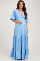 Light Blue V-Neck Flutter Sleeve Tiered Maternity Maxi Dress