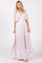 Light Pink V-Neck Flutter Sleeve Tiered Maternity Maxi Dress