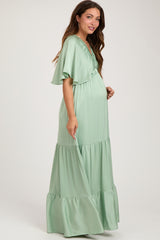 Mint V-Neck Flutter Sleeve Tiered Maternity Maxi Dress