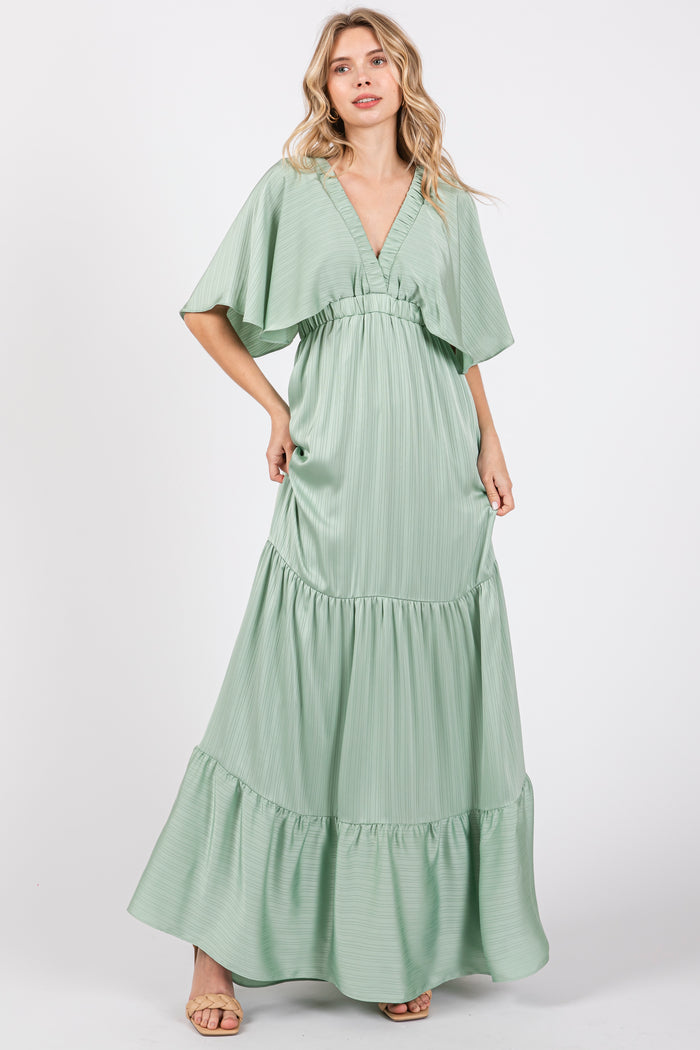 Mint V-Neck Flutter Sleeve Tiered Maternity Maxi Dress