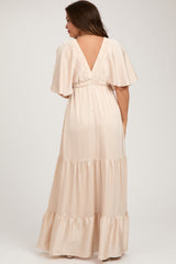 Beige V-Neck Flutter Sleeve Tiered Maternity Maxi Dress